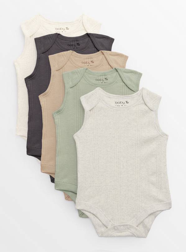 Plain Ribbed Sleeveless Bodysuits 5 Pack 6-9 months